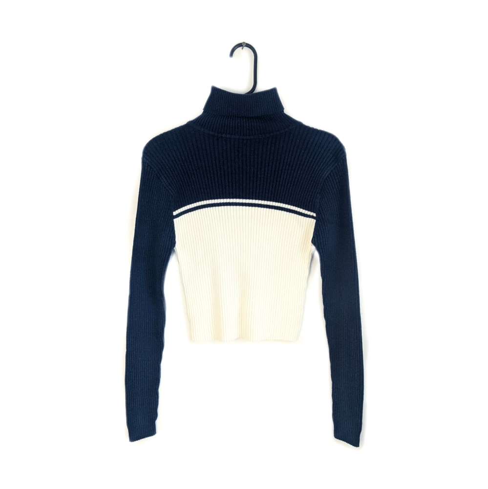 Vintage 90s Grunge Color Blocked  Turtleneck Cropped Ribbed Sweater
